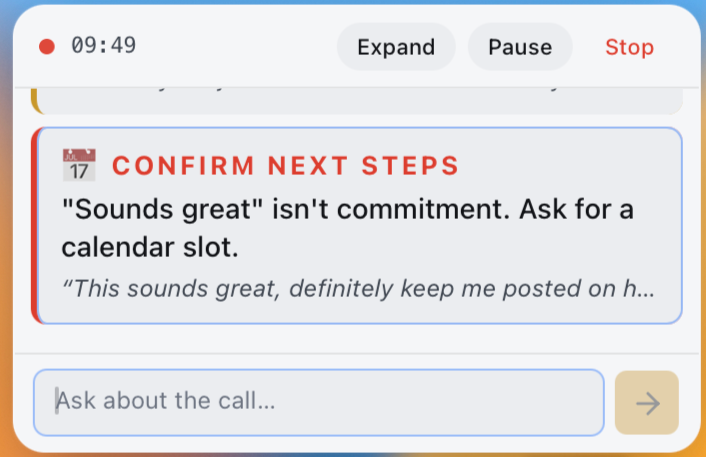 A Nugget live coaching nudge: 'Confirm next steps' — prompting the founder to put a specific date on the calendar before the call ends.