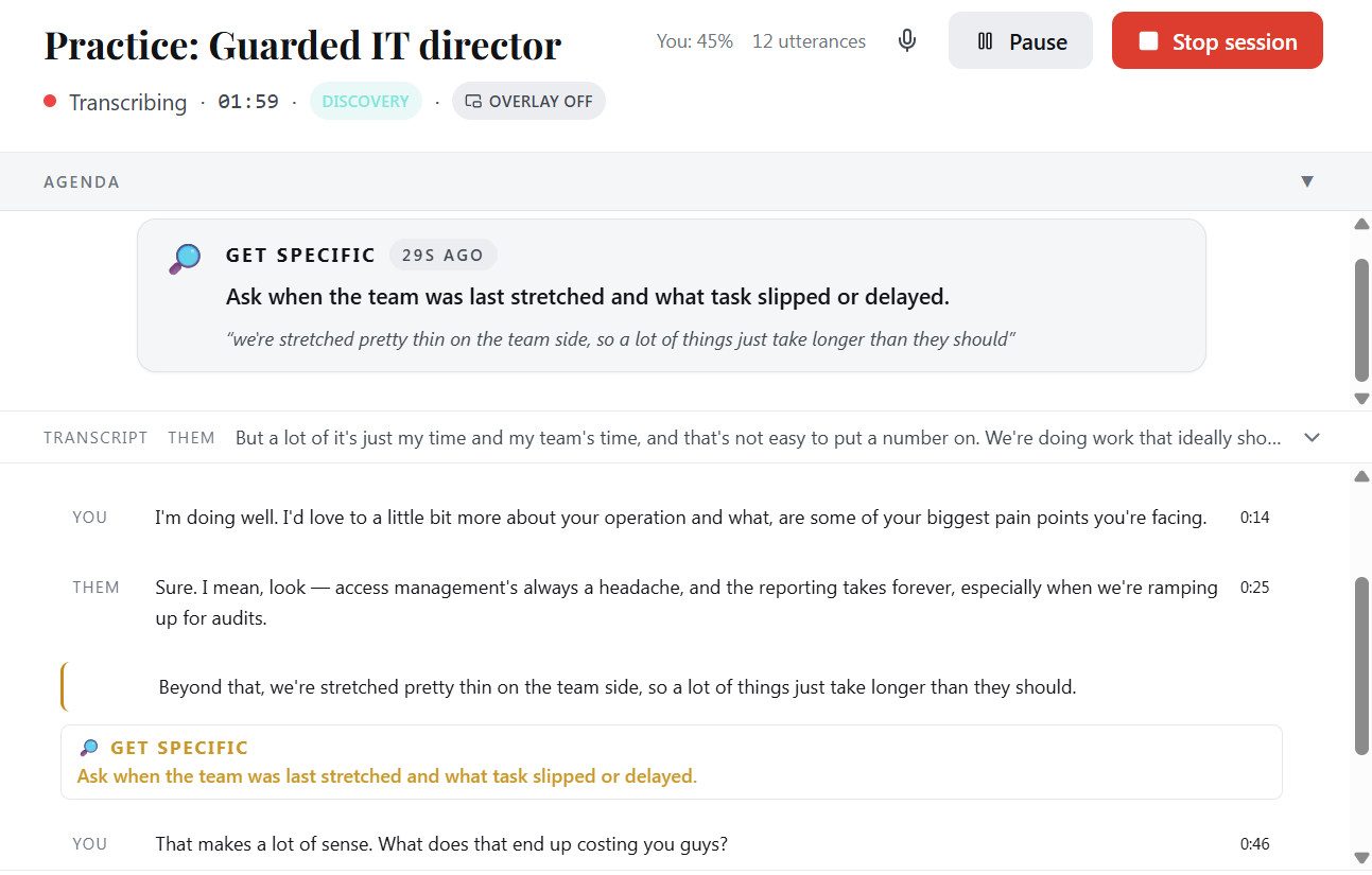 Nugget Practice Mode: a spoken roleplay against a 'Guarded IT director' persona, with a live coaching nudge and a running transcript.