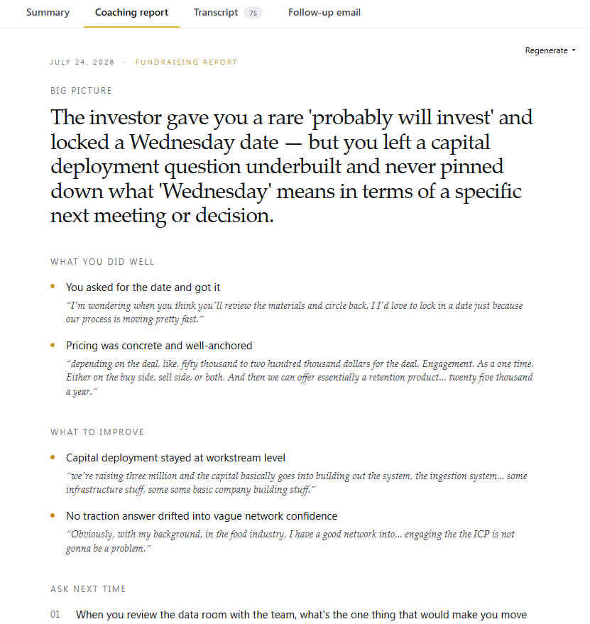 A Nugget coaching report: a Big Picture headline, then What You Did Well, What To Improve, and Ask Next Time — each grounded in quotes from the call.